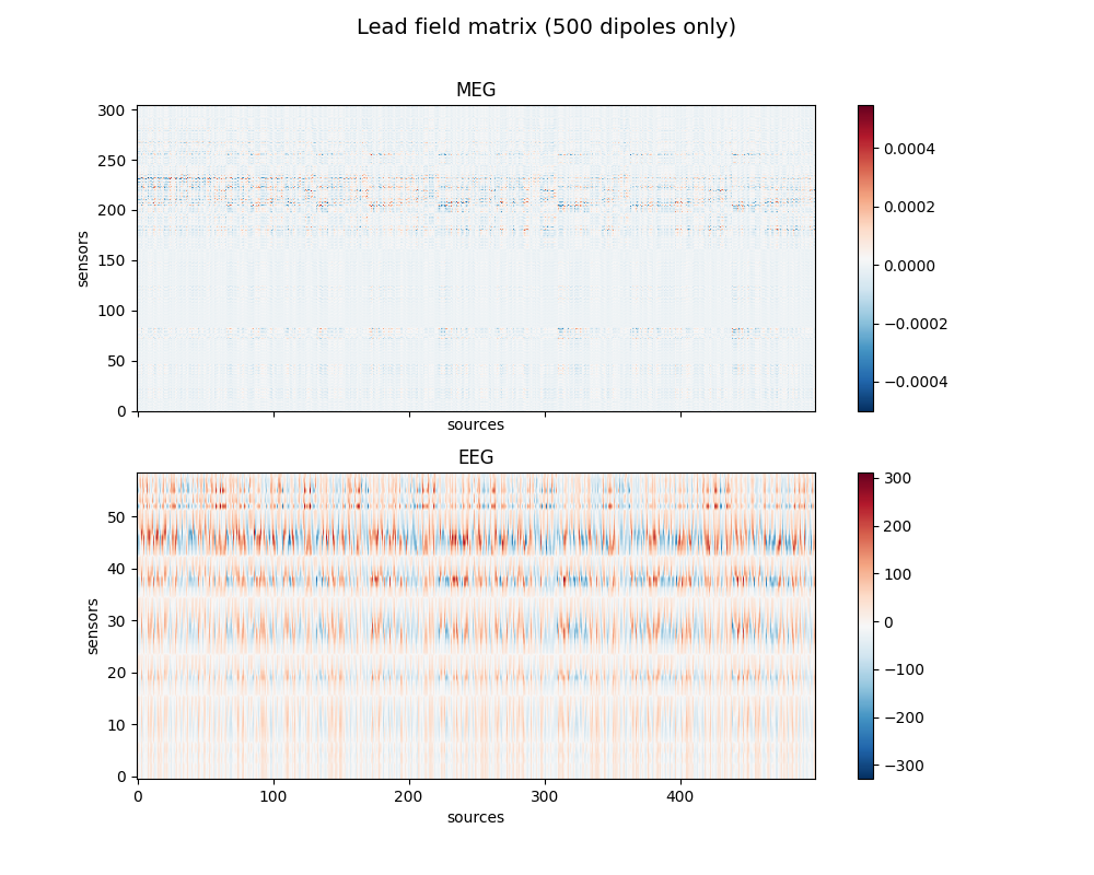 Lead field matrix (500 dipoles only), MEG, EEG