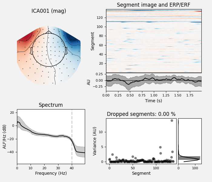 ICA001 (mag), Segment image and ERP/ERF, Spectrum, Dropped segments: 0.00 %