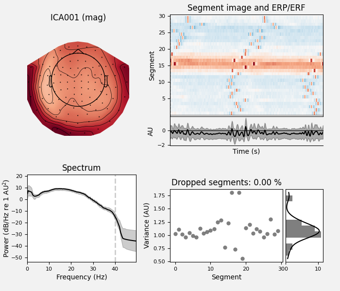 ICA001 (mag), Segment image and ERP/ERF, Spectrum, Dropped segments: 0.00 %