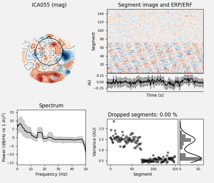 ICA055 (mag), Segment image and ERP/ERF, Spectrum, Dropped segments: 0.00 %