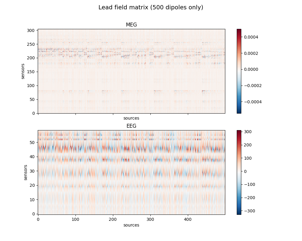 Lead field matrix (500 dipoles only), MEG, EEG