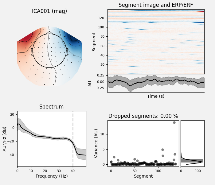 ICA001 (mag), Segment image and ERP/ERF, Spectrum, Dropped segments: 0.00 %