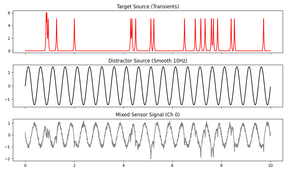 Target Source (Transients), Distractor Source (Smooth 10Hz), Mixed Sensor Signal (Ch 0)